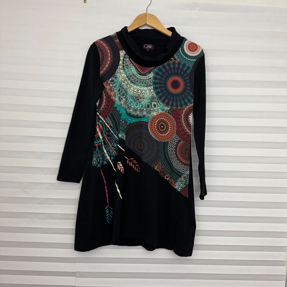 Coline Black Mandala Graphic Print Boho Long Sleeve Whimsigoth Tunic Top L Artsy - Picture 2 of 8